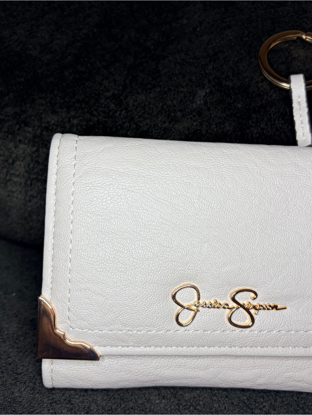 Jessica Simpson White Leather Wallet with Gold Hardware and Key Ring